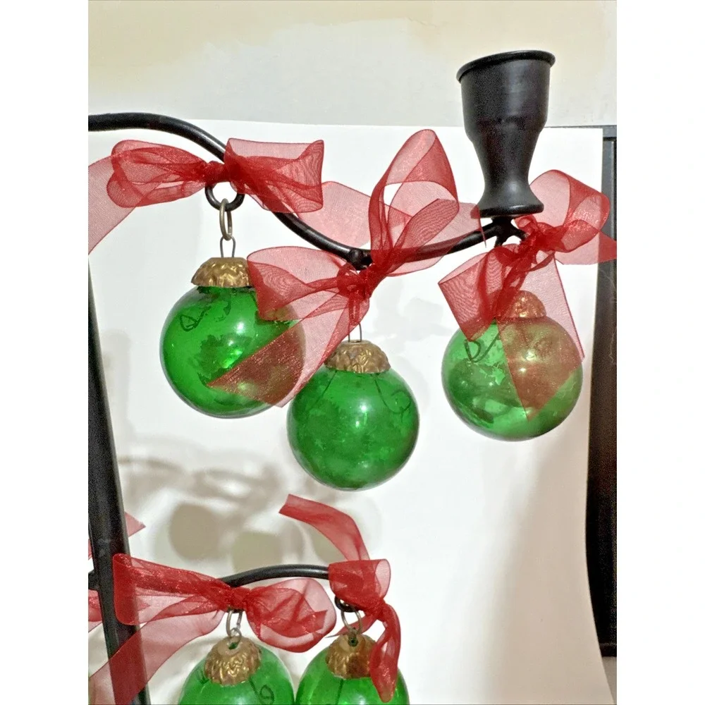 Vintage Black Christmas Candelabra With Green And Brass Ornaments 3 Candlesticks